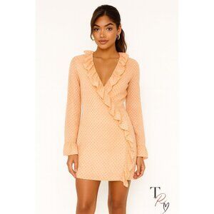 Vintage Jonathan Logan Ruffled Peach Polka Dot Wrap Dress Fits Like Modern Small